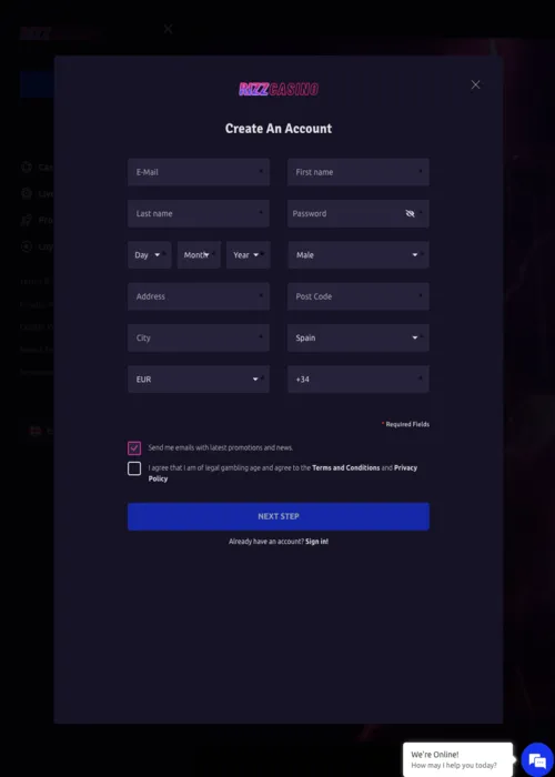 Inscription rapide nouveau joueur Rizz Casino